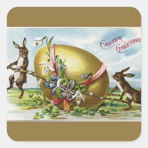 Adesivo Quadrado Coelhinhos Vintage e Ovos de Páscoa Ouro