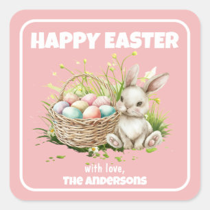 Adesivo Quadrado Coelho Aquarela + Cesto Felz pascoa