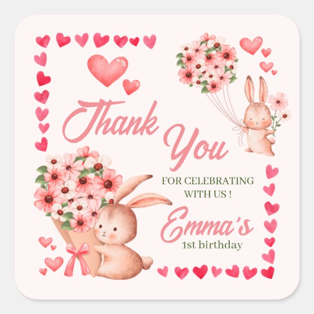 Adesivo Quadrado Coelho Bonito com aniversário cor-de-rosa (Frente)