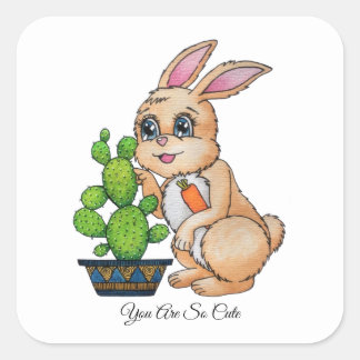 Adesivo Quadrado Coelho De Aquarela E Cactus Cuja Cactus