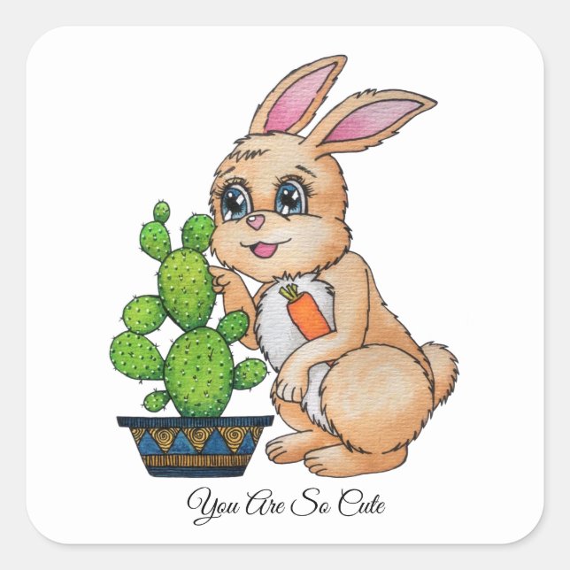 Adesivo Quadrado Coelho De Aquarela E Cactus Cuja Cactus (Frente)