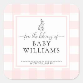 Adesivo Quadrado Coelho de Gingham Rosa Para a Biblioteca de Ex-Lib