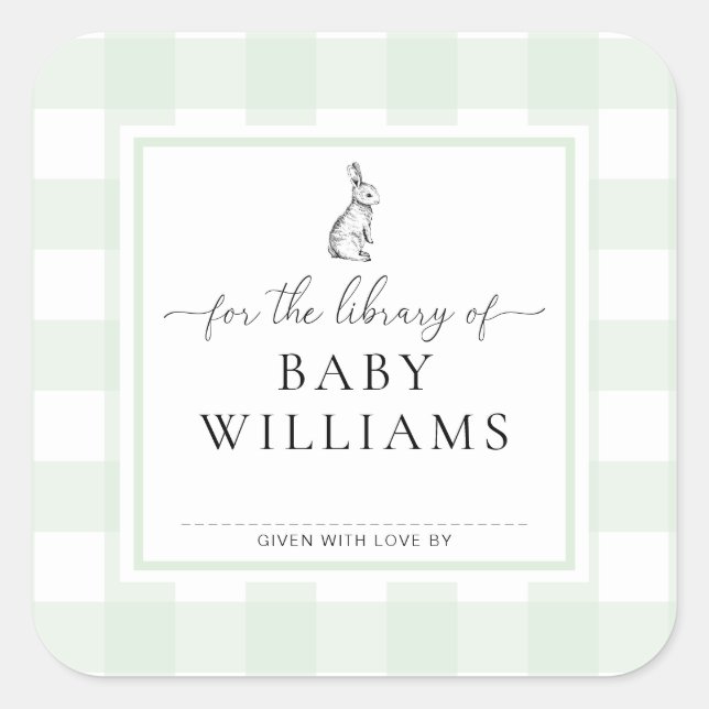 Adesivo Quadrado Coelho de Gingham Verde Para a Biblioteca de Ex-li (Frente)