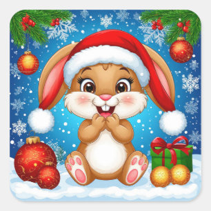Adesivo Quadrado Coelho de Natal Fofo Usando Chapéu de Papai Noel