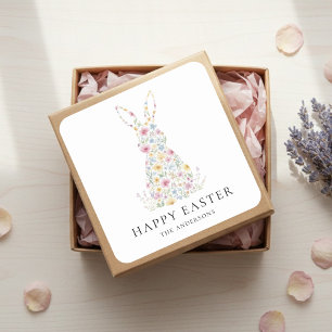 Adesivo Quadrado Coelho de Páscoa Floral Personalizado   Personaliz