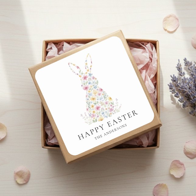 Adesivo Quadrado Coelho de Páscoa Floral Personalizado | Personaliz (Criador carregado)
