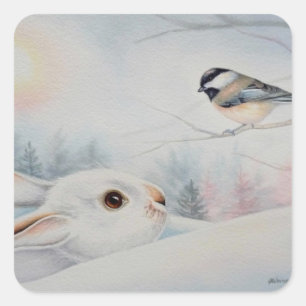 Adesivo Quadrado Coelho de Snowshoe e Arte de Aquarela de Frango