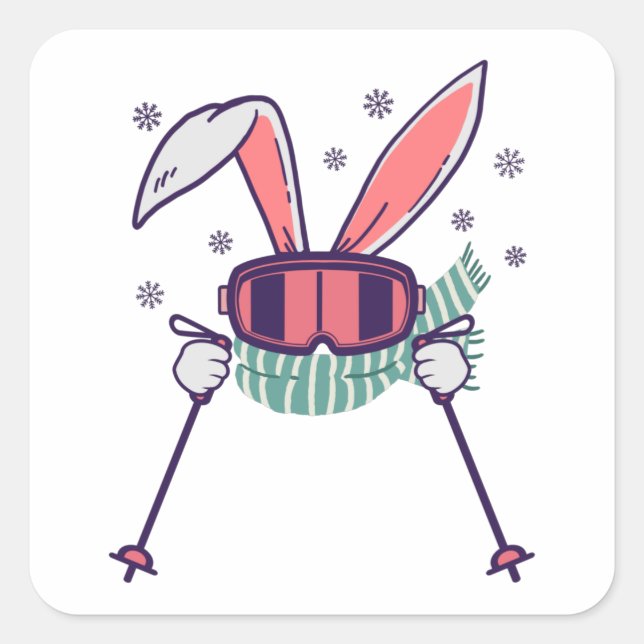 Adesivo Quadrado Coelho do esqui com óculos de esqui e cachecol (Frente)