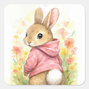 Adesivo Quadrado Coelho em Aquarela com Capuz Rosa
