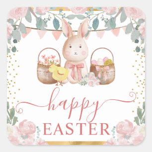 Adesivo Quadrado Coelho em Aquarela e Flores Rosas