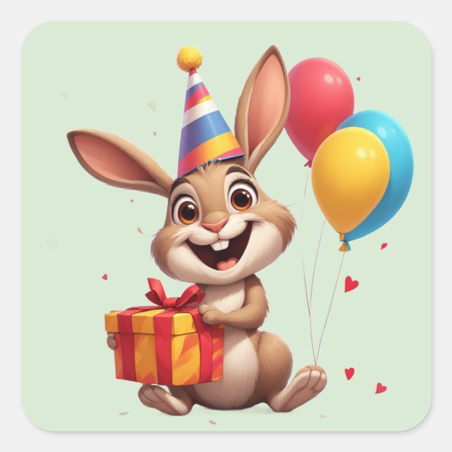 Adesivo Quadrado 🎁 Coelho Feliz Com Balões E Presente (Frente)