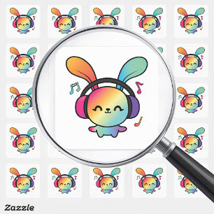 Adesivo Quadrado Coelho feliz com fones de ouvido ouvindo música.