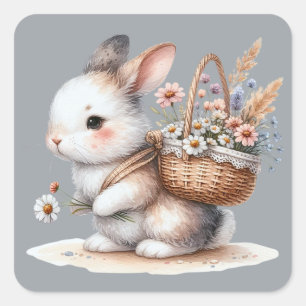 Adesivo Quadrado Coelho Fofo com Flores Arte em Aquarela