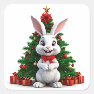 Adesivo Quadrado Coelho Fofo de Chapéu de Natal ao lado de uma Árvo