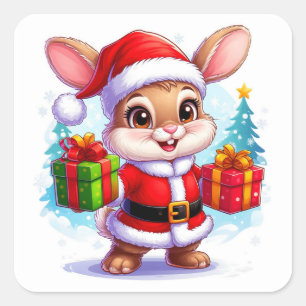 Adesivo Quadrado Coelho Fofo de Terno de Papai Noel Segurando Prese