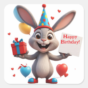 Adesivo Quadrado Coelho Fofo Segurando Placa de Aniversário 🐇