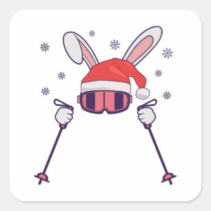 Adesivo Quadrado Coelho Skiing Papai Noel com chapéu de Papai Noel