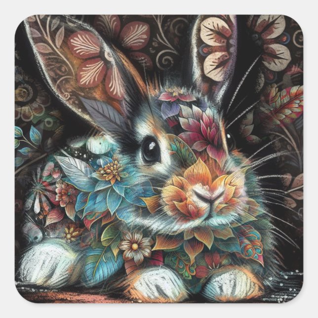Adesivo Quadrado Coelho Whimsso Rabbit Floral Abstrato Teal Preto (Frente)