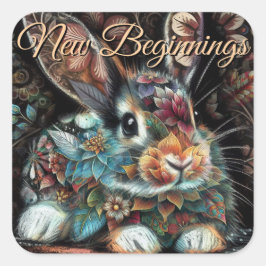 Adesivo Quadrado Coelho Whimsso Rabbit Floral Abstrato Teal Preto