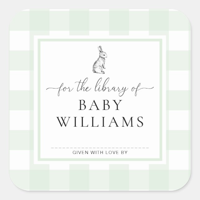 Adesivo Quadrado Coelho Xadrez Verde Para a Biblioteca de Ex-libris (Frente)