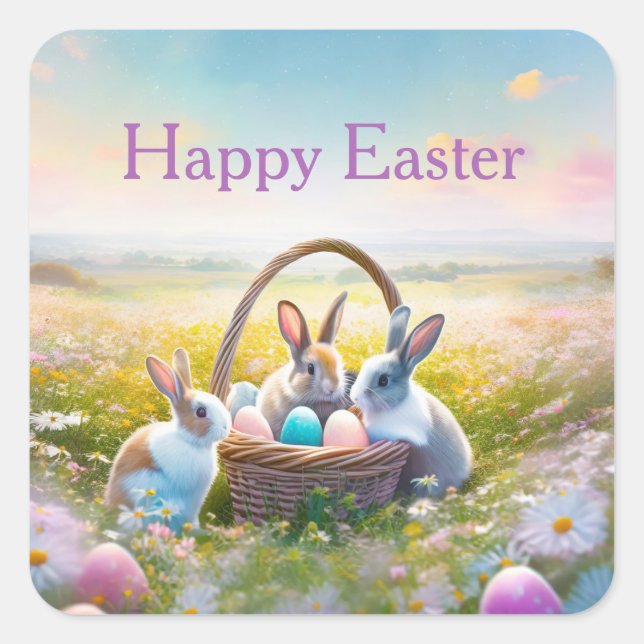 Adesivo Quadrado Coelhos de Páscoa verificando ovos de Páscoa (Frente)
