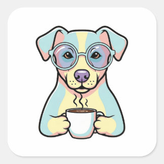 Adesivo Quadrado Coffee Dog with Glasses – Cute Whimsical Illustrat