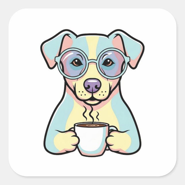 Adesivo Quadrado Coffee Dog with Glasses – Cute Whimsical Illustrat (Frente)