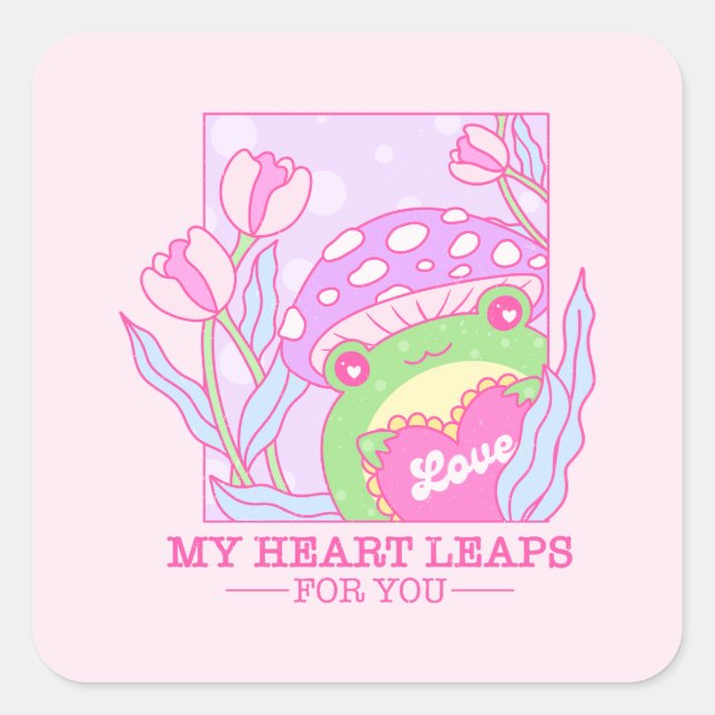 Adesivo Quadrado Cogumelo e Sapo Bonitos - Meu Coração Salta para V (Frente)