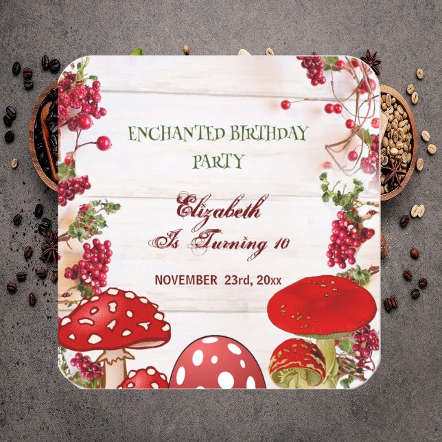 Adesivo Quadrado Cogumelo Mágico Infantil Jardim de Morango do Sapo (Red Berry Garden Toadstool Kid's Magic Mushrooms Square Sticker)