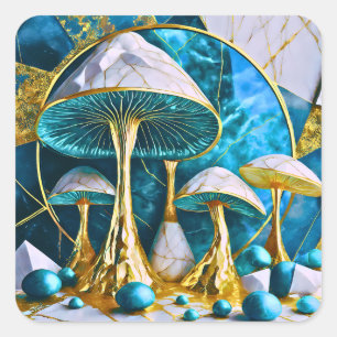 Adesivo Quadrado Cogumelos em Surreal Geométrico Azul e Dourado