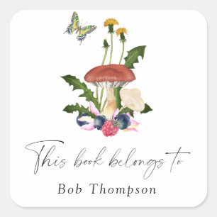 Adesivo Quadrado Cogumelos - este livro pertence a