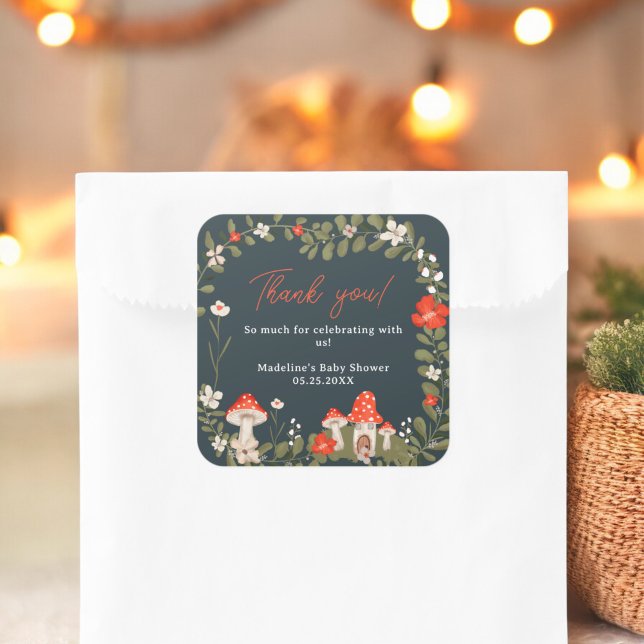 Adesivo Quadrado Cogumelos silvestres chá de fraldas floral (Whimsical woodland mushrooms floral baby shower square sticker)