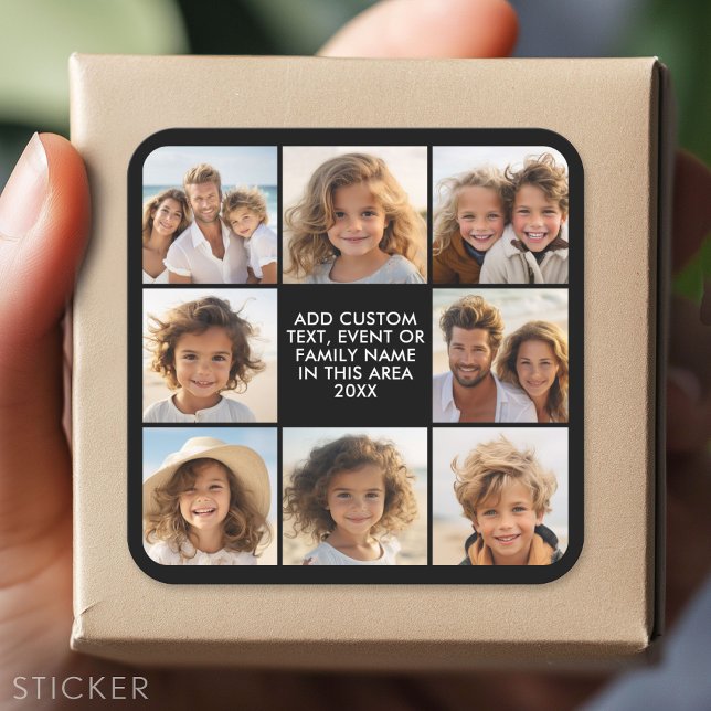 Adesivo Quadrado Colagem de 8 fotos - Texto personalizado - Fundo p (Custom Sticker - Personalize with your info for a party favor or gift)