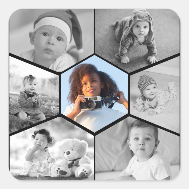 Adesivo Quadrado Colagem de Fotos de Hexágono Preto e Branco (Frente)