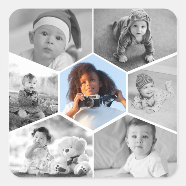 Adesivo Quadrado Colagem de Fotos de Hexágono Preto e Branco (Frente)