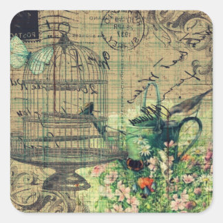 Adesivo Quadrado Colagem de Vintage com Jardim de Aves