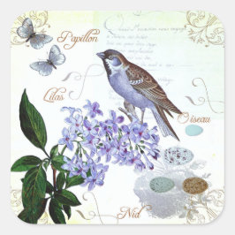 Adesivo Quadrado Colagem Floral de Texto Floral de Ave Francês Enca