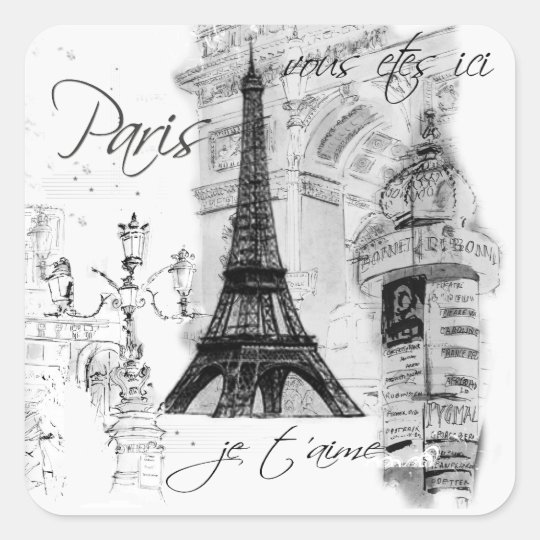 Adesivo Quadrado Colagem francesa da cena da torre Eiffel de Paris