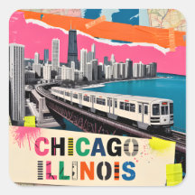 Colagem Pop Art Trem da Silhueta de Chicago Viagem