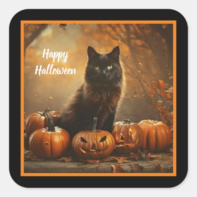 Adesivo Quadrado Coleção de Gatos Negros Felizes para Halloween (Frente)