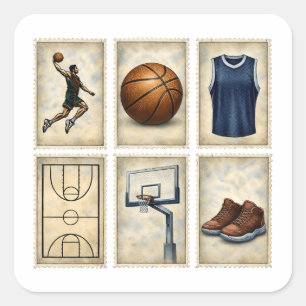 Adesivo Quadrado Coleção de Selos Esportivos de Basquetebol Vintage