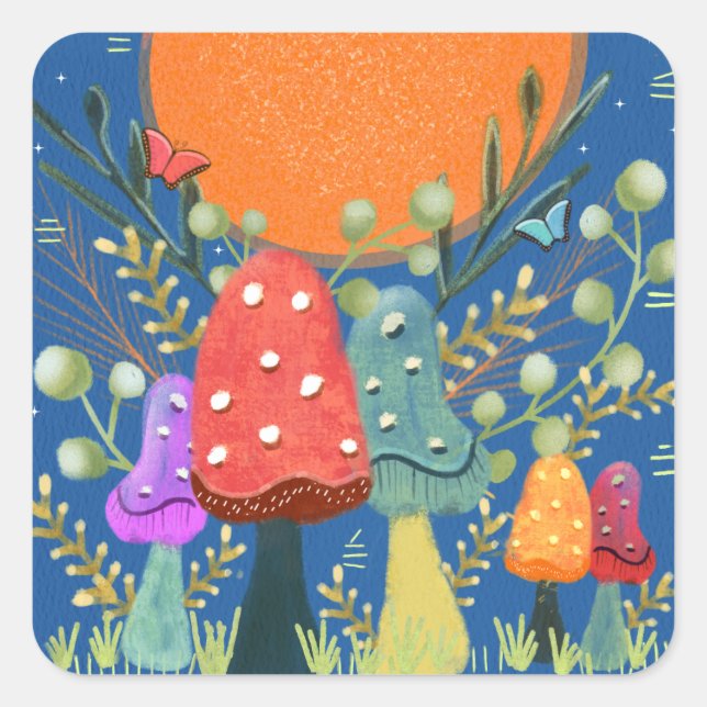 Adesivo Quadrado Colheita de Cogumelos Lua (Frente)