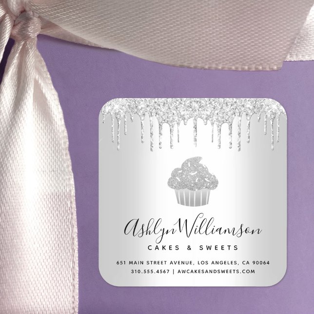 Adesivo Quadrado Colheita de Cupcake de prata Pastelaria Glitter (Criador carregado)