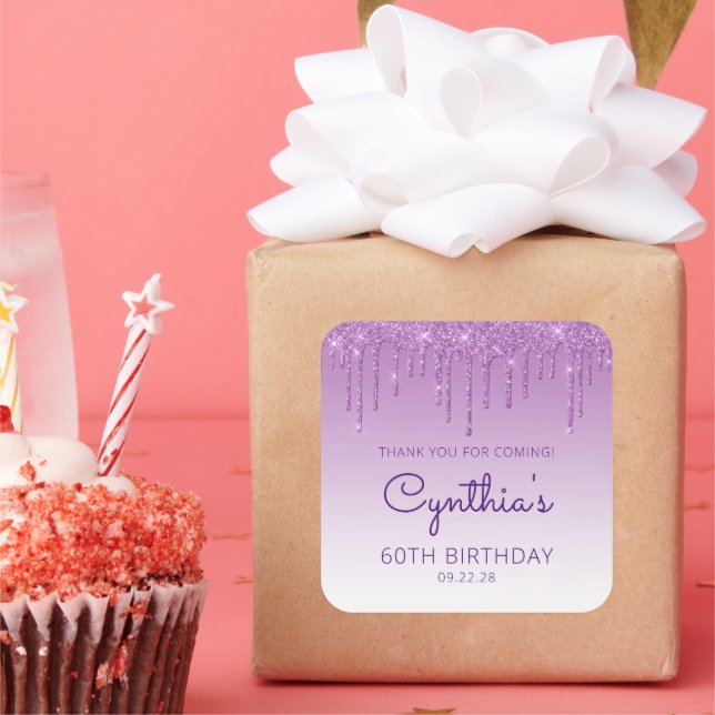 Adesivo Quadrado Colírio roxo 60ª Festa de aniversário Obrigado (Festa)