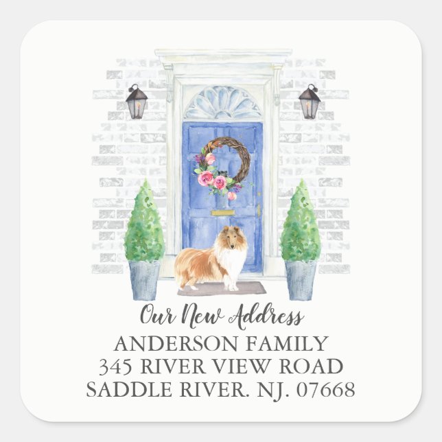Adesivo Quadrado Collie Blue Door New Address Label Sticker (Frente)