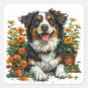 Adesivo Quadrado Collie De Borda Corta Em Flores