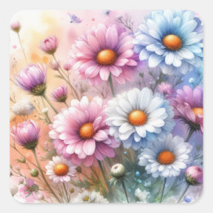 Adesivo Quadrado Coloração aquosa das margaridas florais em cores p