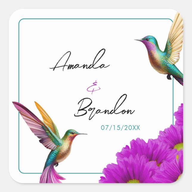 Adesivo Quadrado Colorful Hummingbirds Purple Daisies Wedding (Frente)