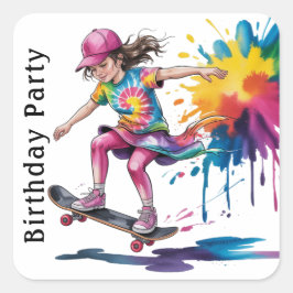 Adesivo Quadrado Colorful Painted Girl Skateboarder Birthday Party