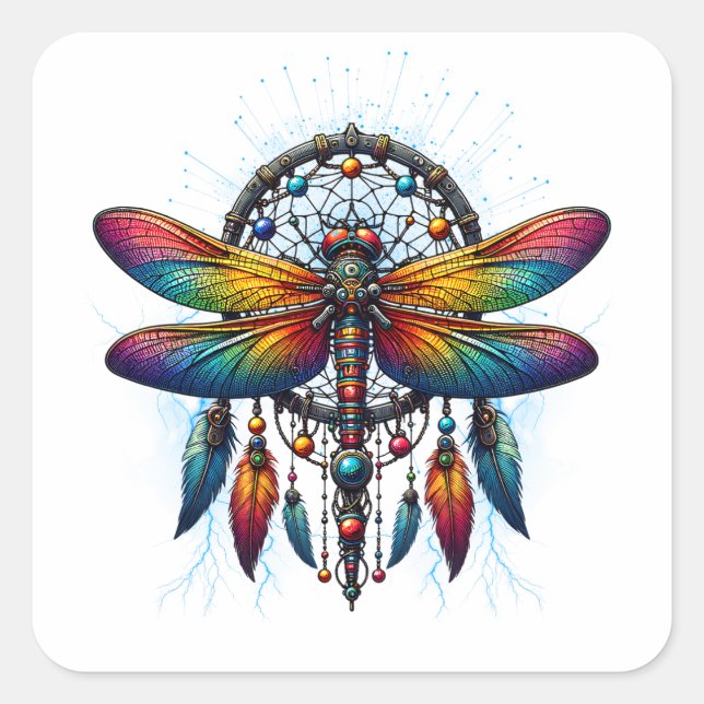 Adesivo Quadrado Colorful Psychedelic Dragonfly Dreamcatcher Boho (Frente)